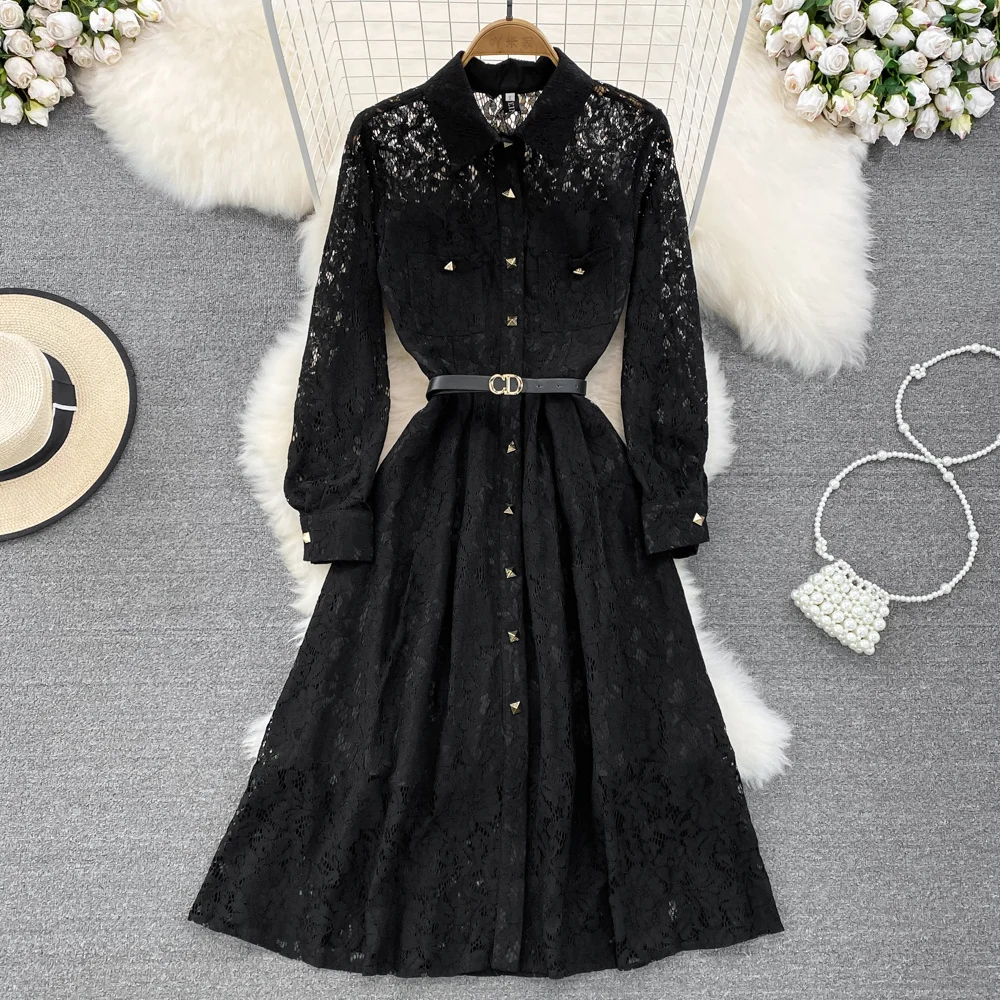 

Fashion Long Sleeve Lapel Hollowed Out Black Lace Dress Waist Slim A-line White Lace Dresses Elegant Long Evening Dress