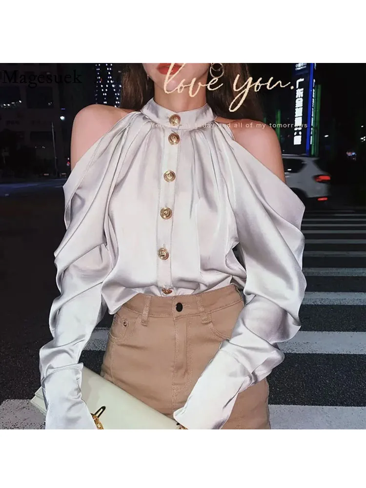 Elegant Sexy Off-shoulder Women Blouse Pleated Long Sleeve Spring Casual Chiffon Shirt Stand Collar Loose Top New Blusas 15950