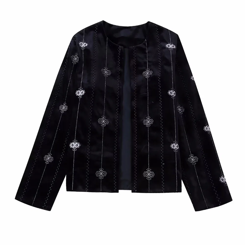 

PB&ZA Women's Cardigans Velvet Coat Long Sleeve Top O-neck Embroidery Luxury Vintage Elegant Loose Fall Female Jacket 6895261