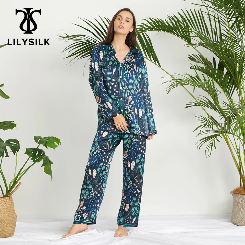 

LILYSILK 100 Silk Pajamas Set Pijama Women Sleepwear Plant Print Long NEW Luxury Natural Women's Clothing Free Shipping