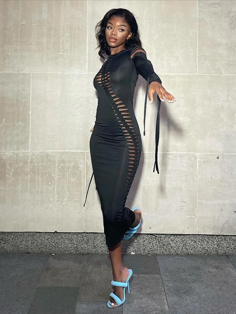 

Женское вечернее платье-футляр средней длины, однотонное облегающее платье-футляр с длинным рукавом и перфорацией, элегантное платье для в...