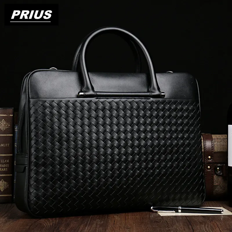 2023 New Luxury Weave Cow Genuine Leather Business Men's Briefcase Male Briefcase Shoulder Bag Men Messenger Laptop Computer Bag