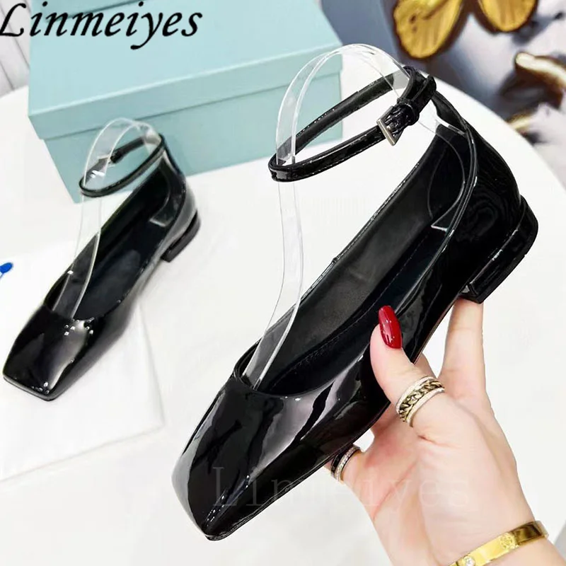 Square Toe Flat Shoes Woman Patent Leather Ankle Buckle Strap Loafers Ladies Fashion Comfort Walk Shoes Runway Shoes For Women