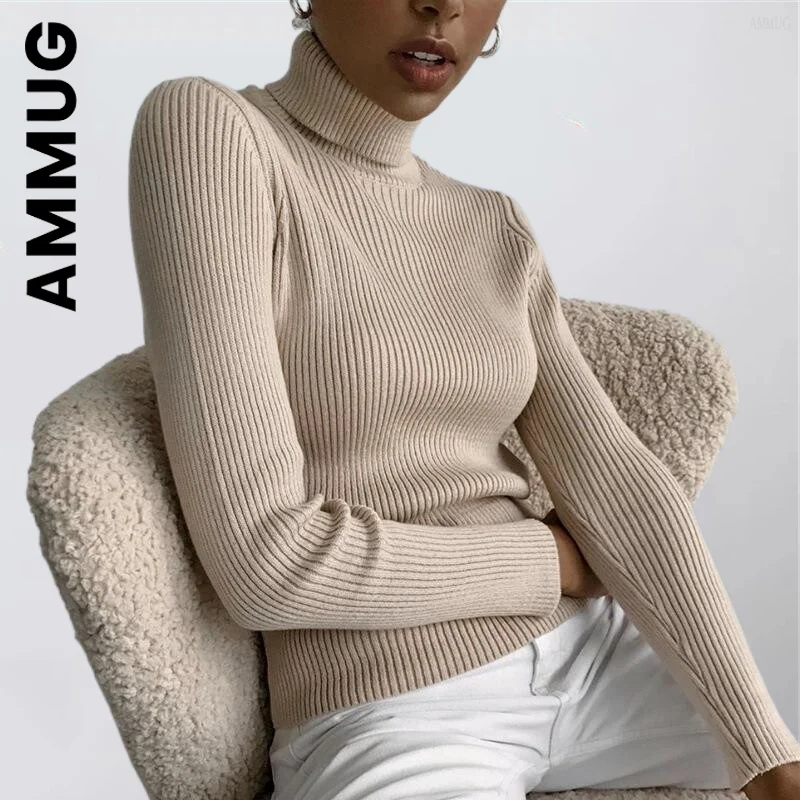 

Вязаный женский свитер, облегающий женский свитер с длинным рукавом, топ с высоким воротником в стиле Харадзюку, женская сексуальная облега...