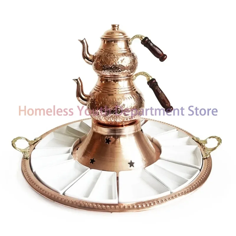 Handgefertigtes Utrechtisches aus Kupfer mit Handgeschnitztem Teekannenset Brenner und Mini-Teller Porzellan Teekessel Herd