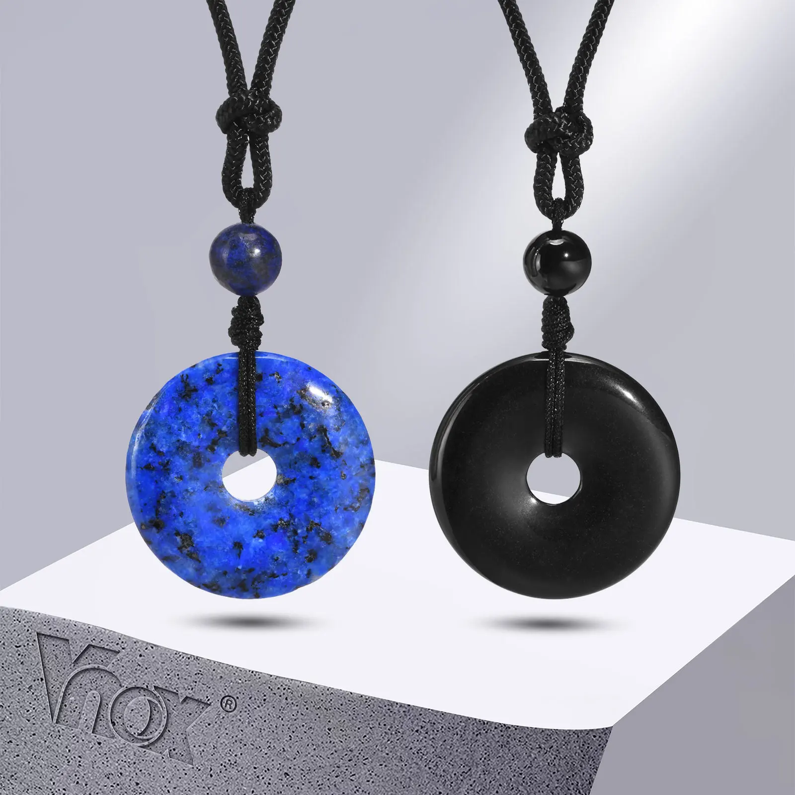

Vnox Retro 30mm Circle Donut Healing Stone Amulet Lucky Necklaces for Men Women Gifts Jewelry, Adjustable Black Rope Chain