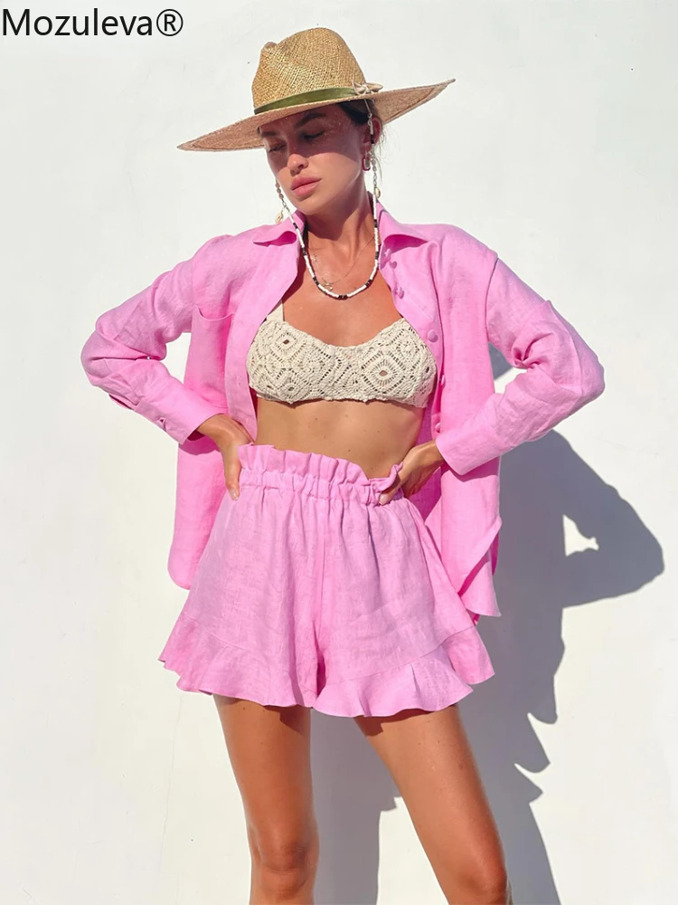 

Mozuleva Stylish Cotton Casual Women Two Piece Short Sets Summer High Waist Shirt Suit Set Fashion 2 Pieces Sets 2022