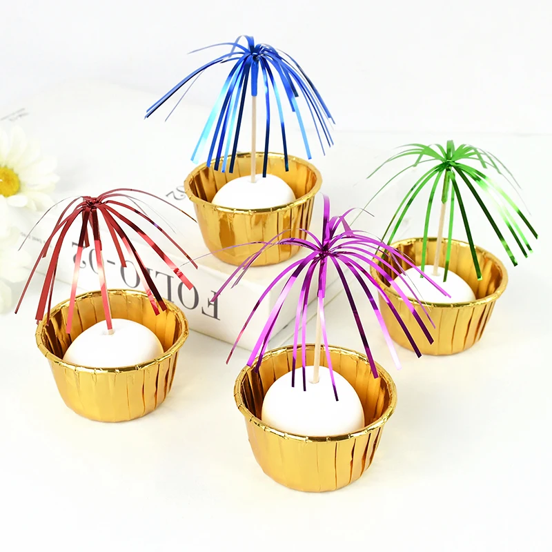 6 sztuk jednorazowa zastawa stołowa desery owocowe patyczki tęczowe fajerwerki ozdoba na wierzch tortu ślub Baby Shower urodziny DIY dekoracja