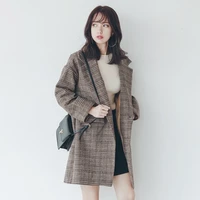 korean fashion thick plush plaid coats loose lapel mid length long office lady casual commute outcoats single button overcoats