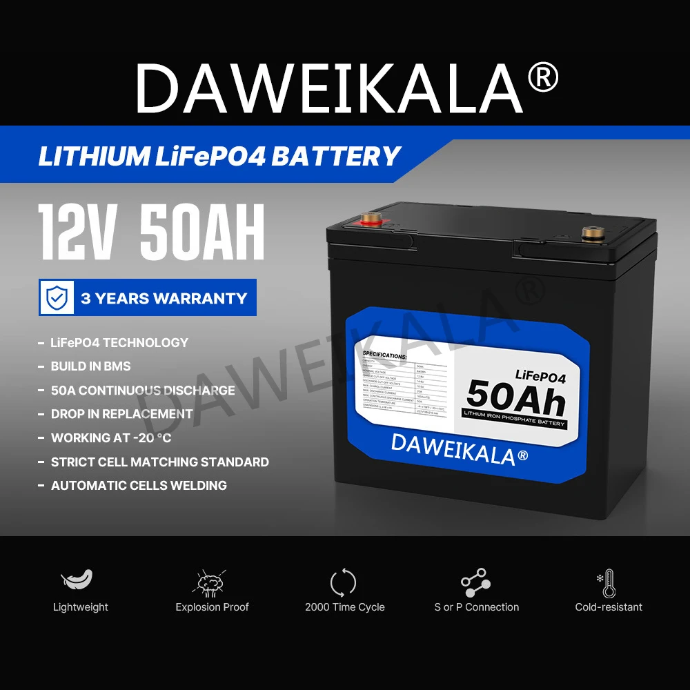 

New LiFePo4 Battery 12V 50Ah Lithium Iron Phosphate 12V 24V LiFePo4 Rechargeable Batteries for Kid Scooters Boat Motor No Tax