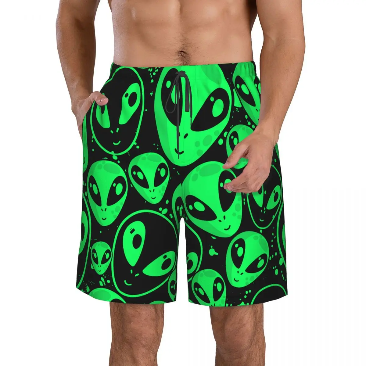 

Мужские пляжные шорты-бермуды, быстросохнущие зеленые пляжные шорты с инопланетянами, НЛО, пляжные шорты для отпуска, Прямая поставка