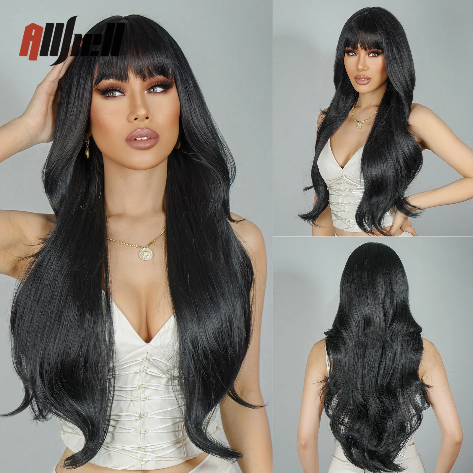 

Длинный натуральный черный волнистый парик, синтетические волнистые парики с челкой для чернокожих женщин, косплей, повседневные волосы из термостойкого волокна