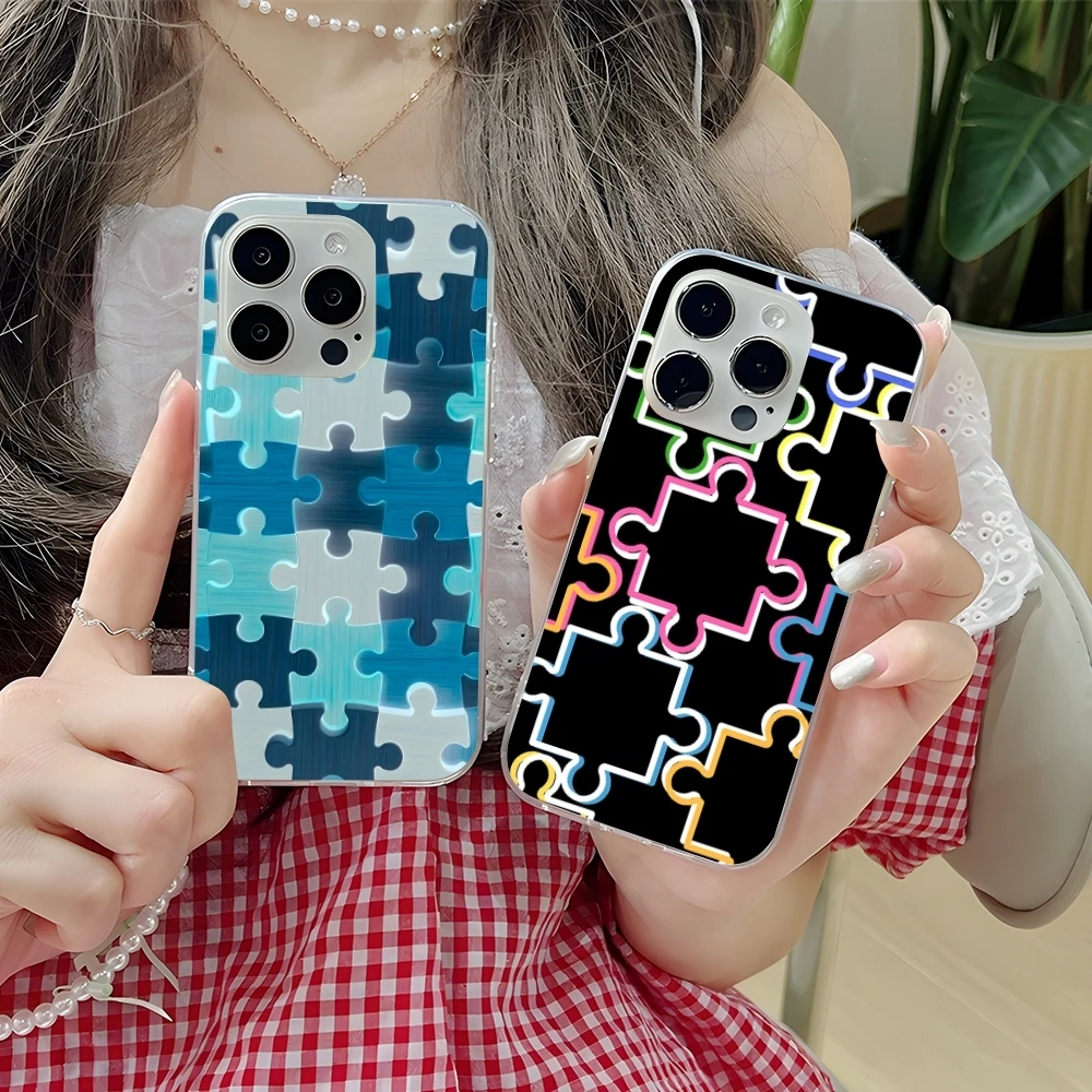 Puzzle Pretty Fashion Mobile Cell Phone Case for iPhone 16 15 14 13 12 11 X XR XS 8 Pro Max Plus Mini Clear Transparent Cover