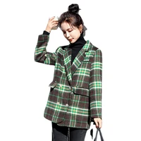 2022 autumn and winter new fashionable green plaid woolen small suit thickened quilted warm woolen coat coat button pockets