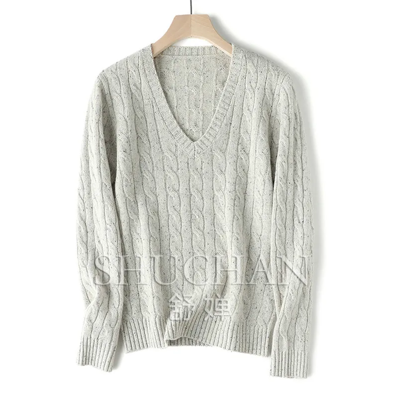 Теплый роскошный женский свитер из шерсти с v-образным вырезом и длинными