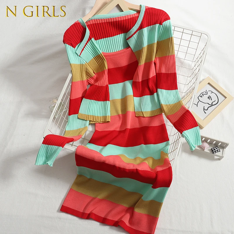 

N GIRLS Korejepo Two-piece Suit Women Spring and Antumn 2022 Short Cardigan Top + Suspender Dress Bottom Dresses Aging Knitted