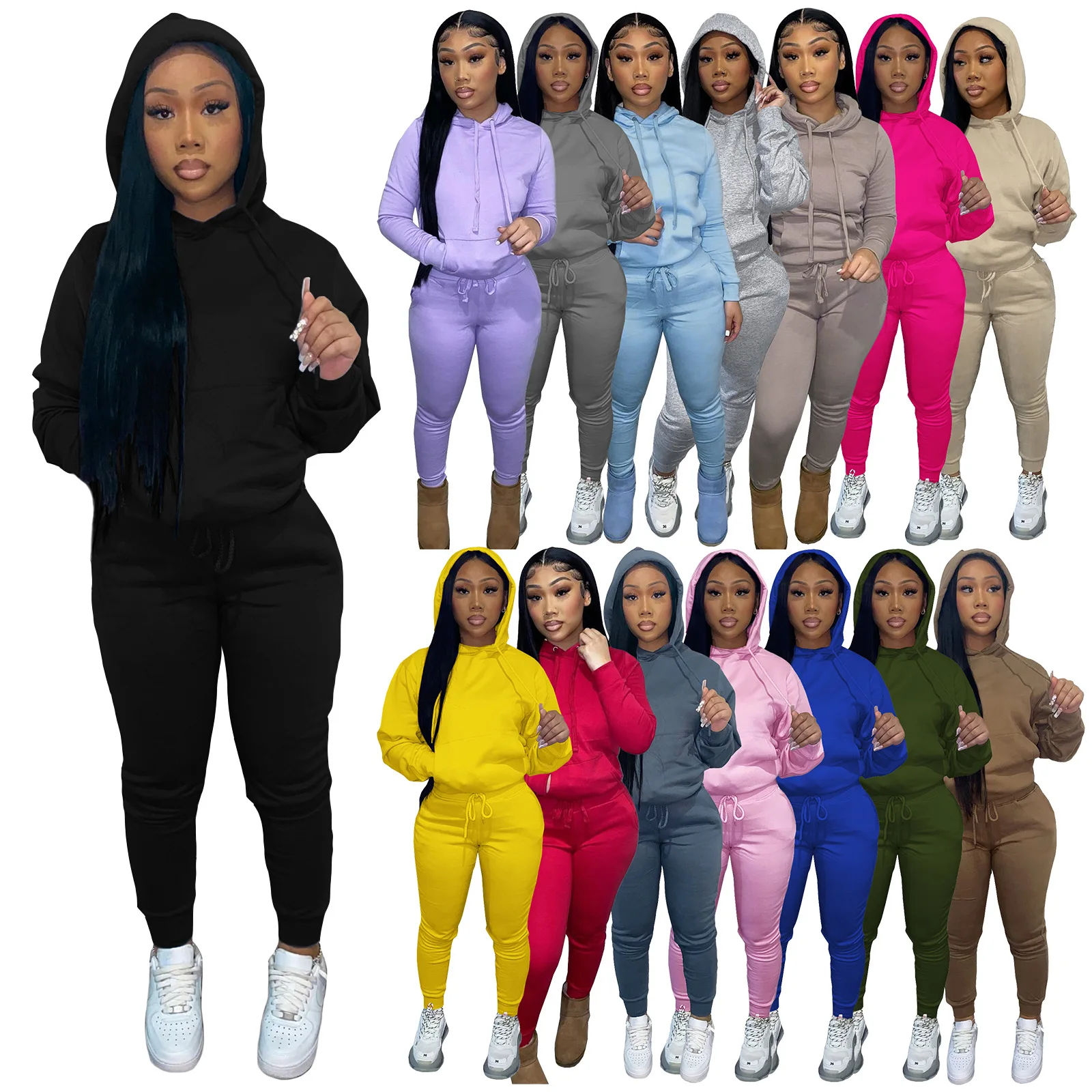 

Women's autumn and winter velvet drawstring hood two-piece set
