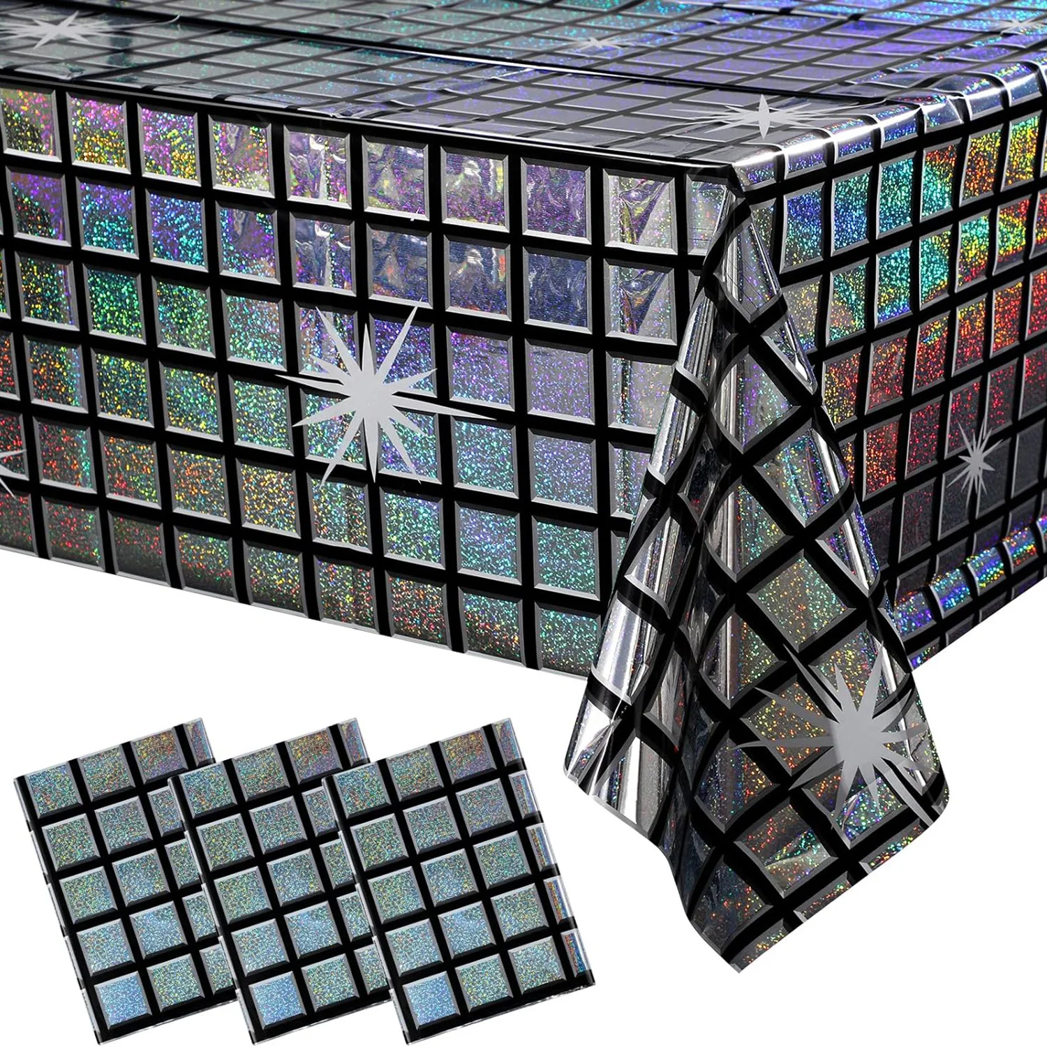 

Радужная лазерная скатерть в стиле диско эпохи, блестящий ретро-декор для вечеринок для тематических мероприятий 70-х и 80-х, одноразовая прямоугольная крышка для стола