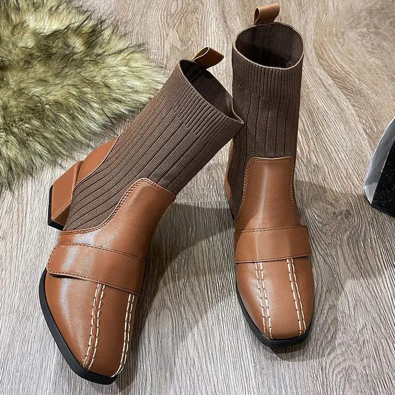 

Женские ботинки с острым носком, лоскутные короткие ботильоны без шнуровки, Прошитые ботинки на среднем каблуке, осень