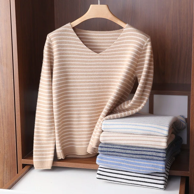 

YEMOGGY Elegant Knitted Stripe Sweater Pullovers 2023 New Winter V-Neck Knit Women's Full Sleeve Women's Loose Bottoming Sweater