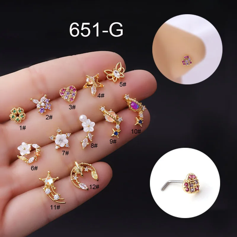 

1Pcs 20G Stainless Steel Piercing Nose Stud Colored Flower CZ Pendant Nose Rings Cuff Nail Goth Indian Body Jewelry For Women