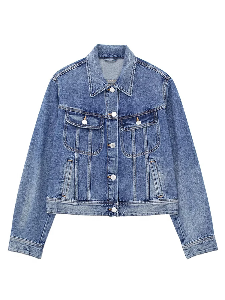 

Женская джинсовая куртка с длинным рукавом, свободная повседневная куртка-бомбер с большими карманами и отложным воротником, весна 2023