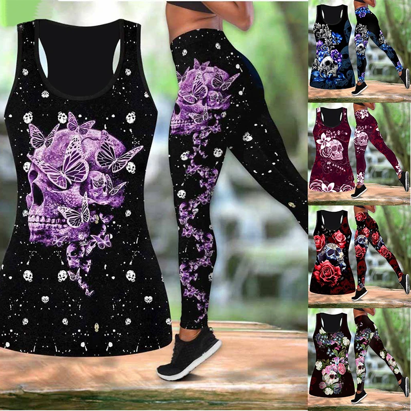 

Yoga Pants Tank Top Fashion Design Printed Yoga Hollow Tank Top + Leggings Yoga Outfit Fitness Leggings Athletic Set Xs-8Xl