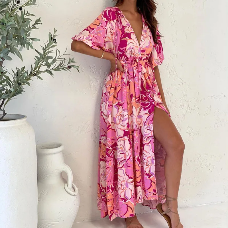 Mandylandy Women Elegant Bohemian Long Dress Fashion Female Y2K Summer Short Sleeve V Neck High Waist Side Slit Dress Streetwear