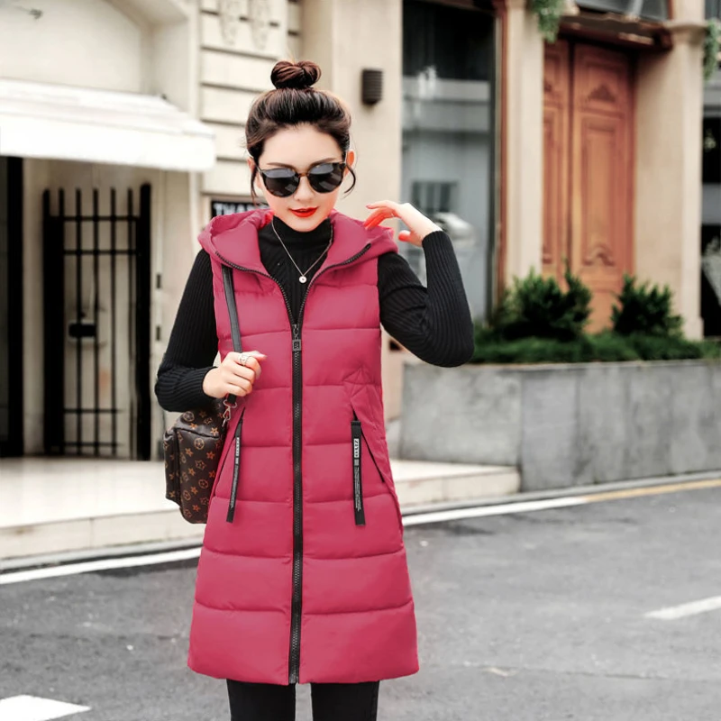 

2023 Winter Women's Jacket Windproof Warm Long Cotton Waistcoat Casual Sleeveless Hooded Femme Coat Vest Women Oversize Parkas