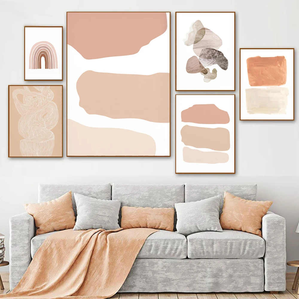 

Boho Abstract Beige Pink Geometric Canvas Painting Lines Poster Print Wall Art Picture Bedroom Living Room Home Decor Frameless