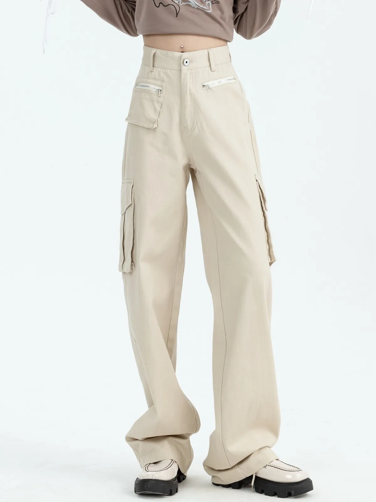 

ZHISILAO New High Waist Cargo Jeans Women Vintage Solid Pocket Boyfriend High Street Full Length Straight Denim Pants 2022