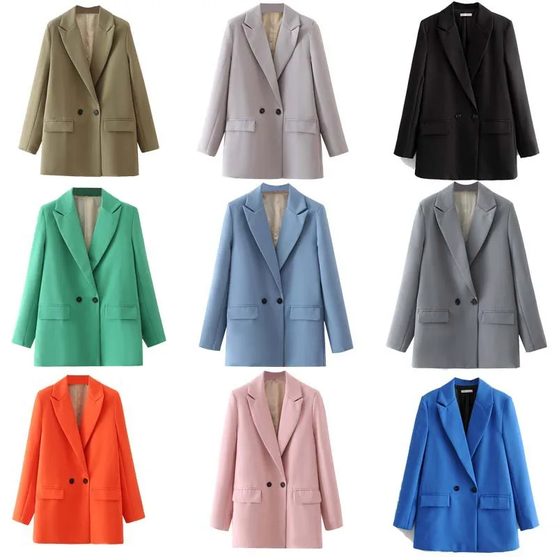 

2023 Women Chic Office Lady Double Breasted Blazer Vintage Coat Fashion Notched Collar Long Sleeve Ladies Outerwear Stylish Tops