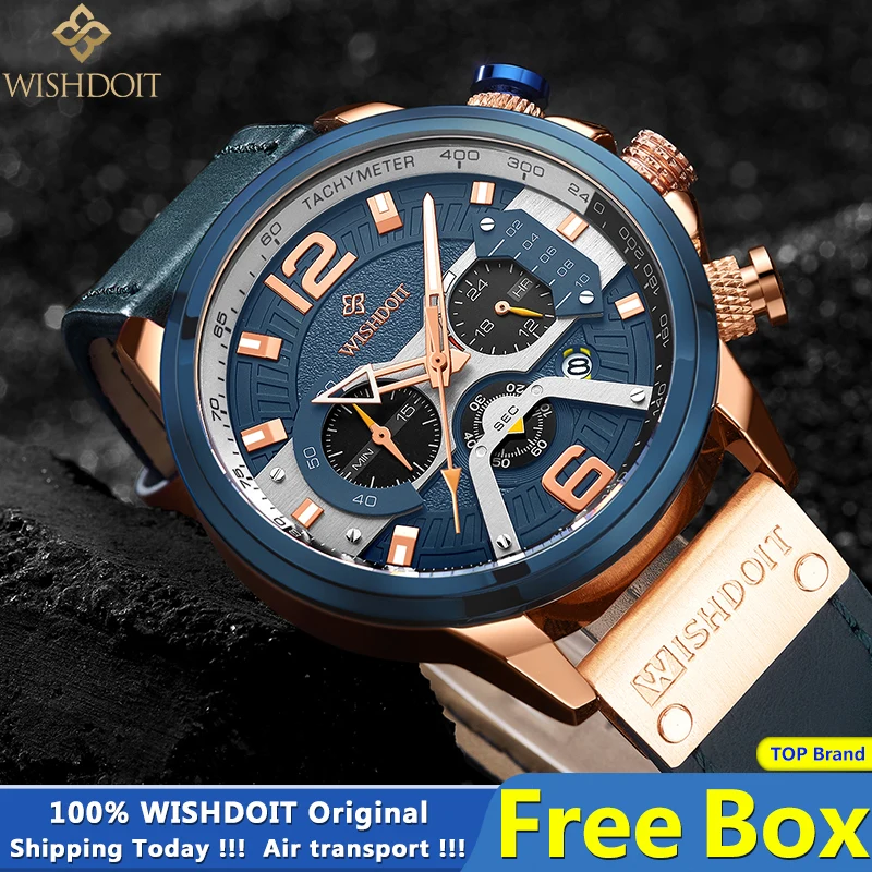 

WISHDOIT 2021 Men's Casual New Watch Blue Top Brand Luxury Military Leather Watch Men's Clock Fashion Chronograph Watch