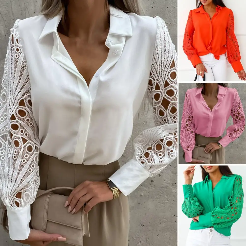 

Women's Blouse Lapel Long Sleeve Single-breasted Placket Women Shirt Embroidery Hollow Lace Patchwork Sweet Shirt Female Clothes