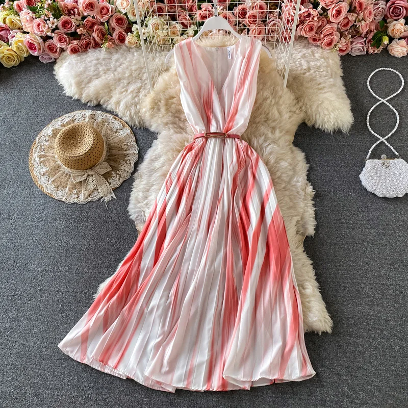 

Summer New Gradient VNeck Sleeveless Dress Sanya Beach Resort Beach Skirt Super Fairy Style Long Dress