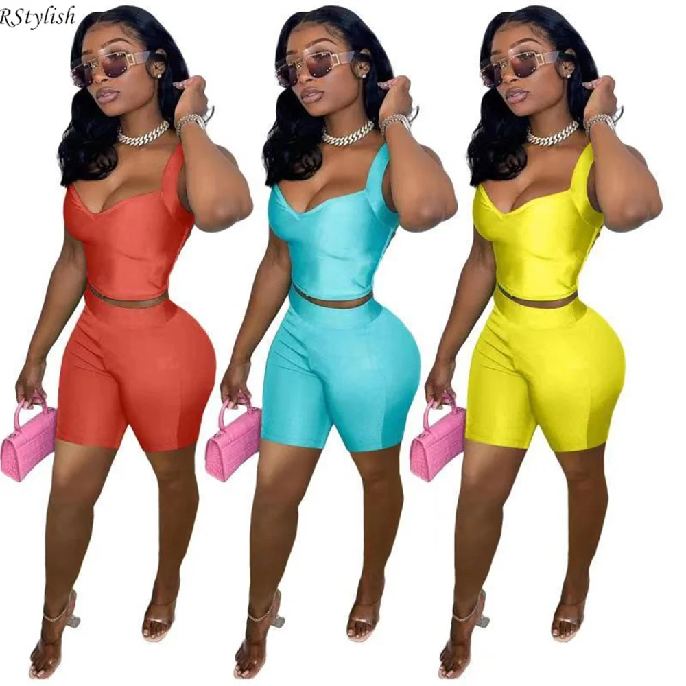 RStylish Women Outfit Solid Sporty Two Piece Set Tank Crop Top Biker Shorts 2022 Summer Bodycon Tracksuit 2019 african wax pattern biker shorts set for women afripride tailor made crop tank top biker shorts women summer set a1926002