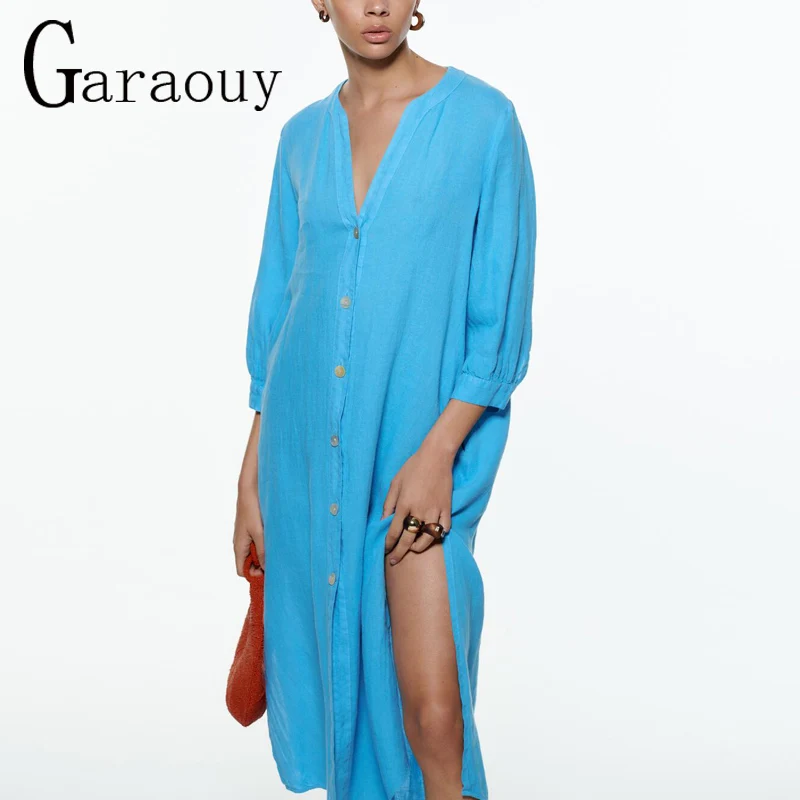 Garaouy 2022 Women Linen Shirt Dress Summer V Neck Button Sundress Side Split Dresses Elegant Solid Beach Vestidos Female Robe