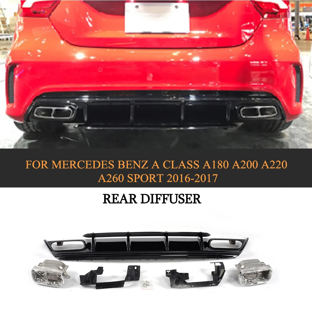

PP Car Bumper Lip Diffuser With Exhaust Muffler For Mercedes Benz A Class A180 A200 A220 A260 Sport Hatchback 4 Door 16-17