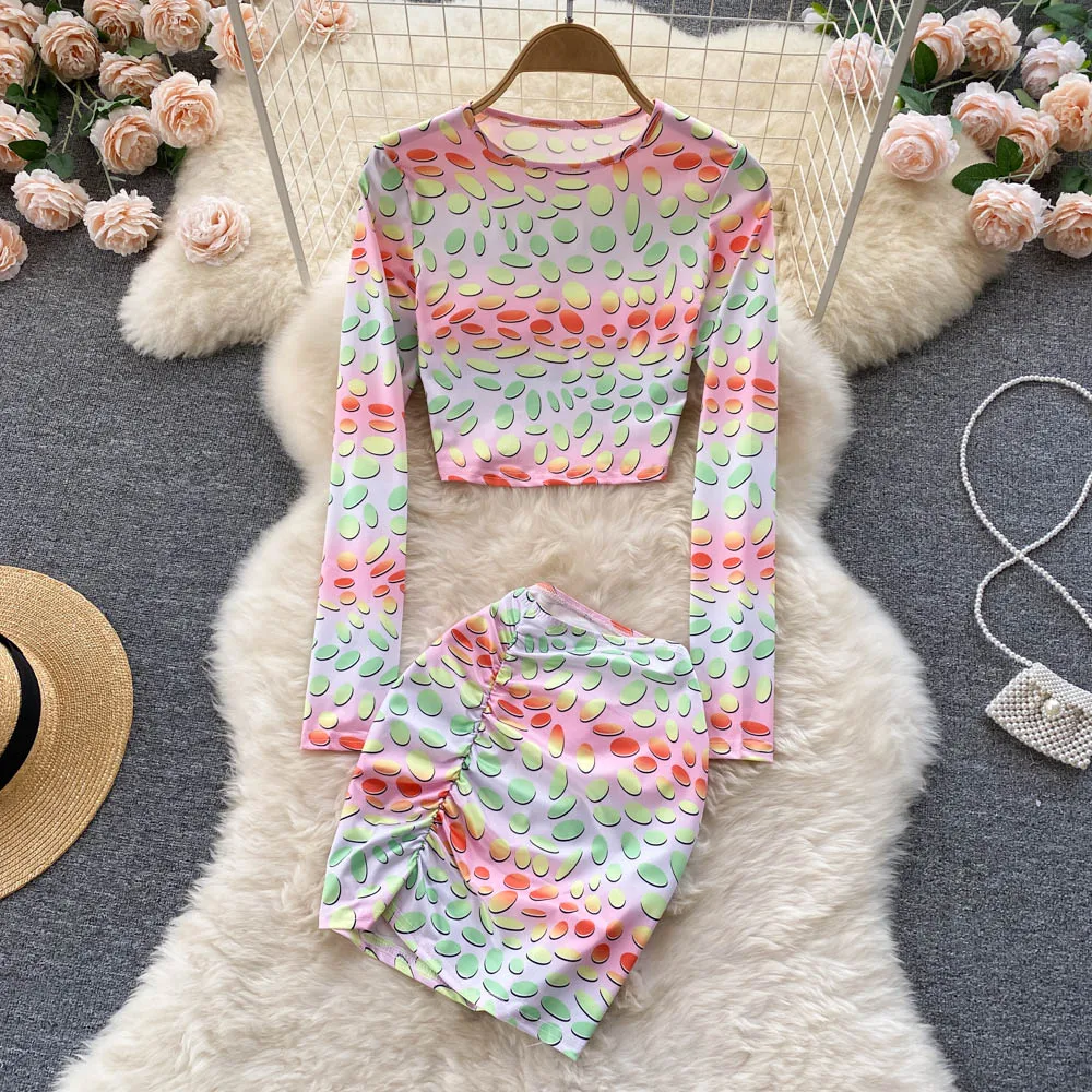 

Europe And The United States Spring And Summer New Sexy Printing Suit Fashion Slim Slim Shirt Pleated Hip Skirt Two-piece Tide