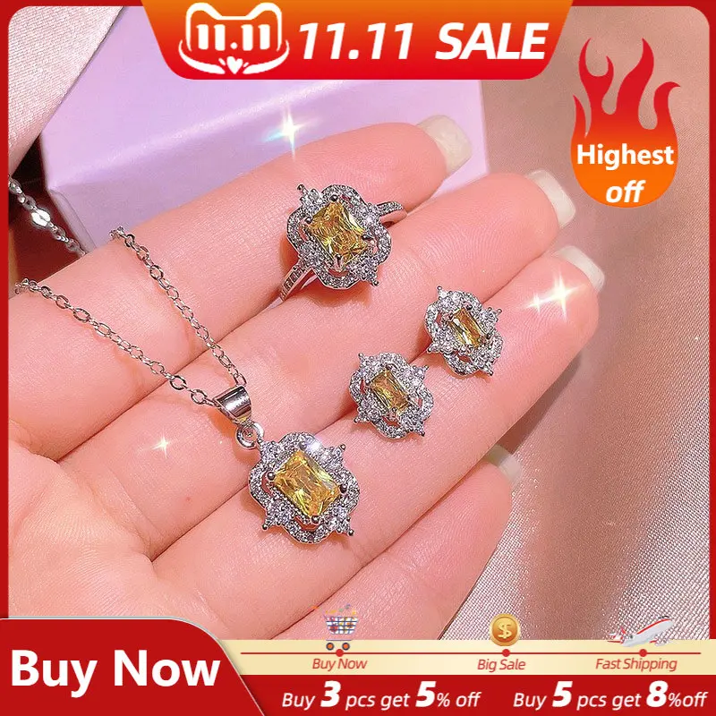 

Exquisite Luxury Shiny Zirconia Earrings Ring Necklace Jewelry Set for Women High Quality CZ Crystal Fashion Birthday Party Gift
