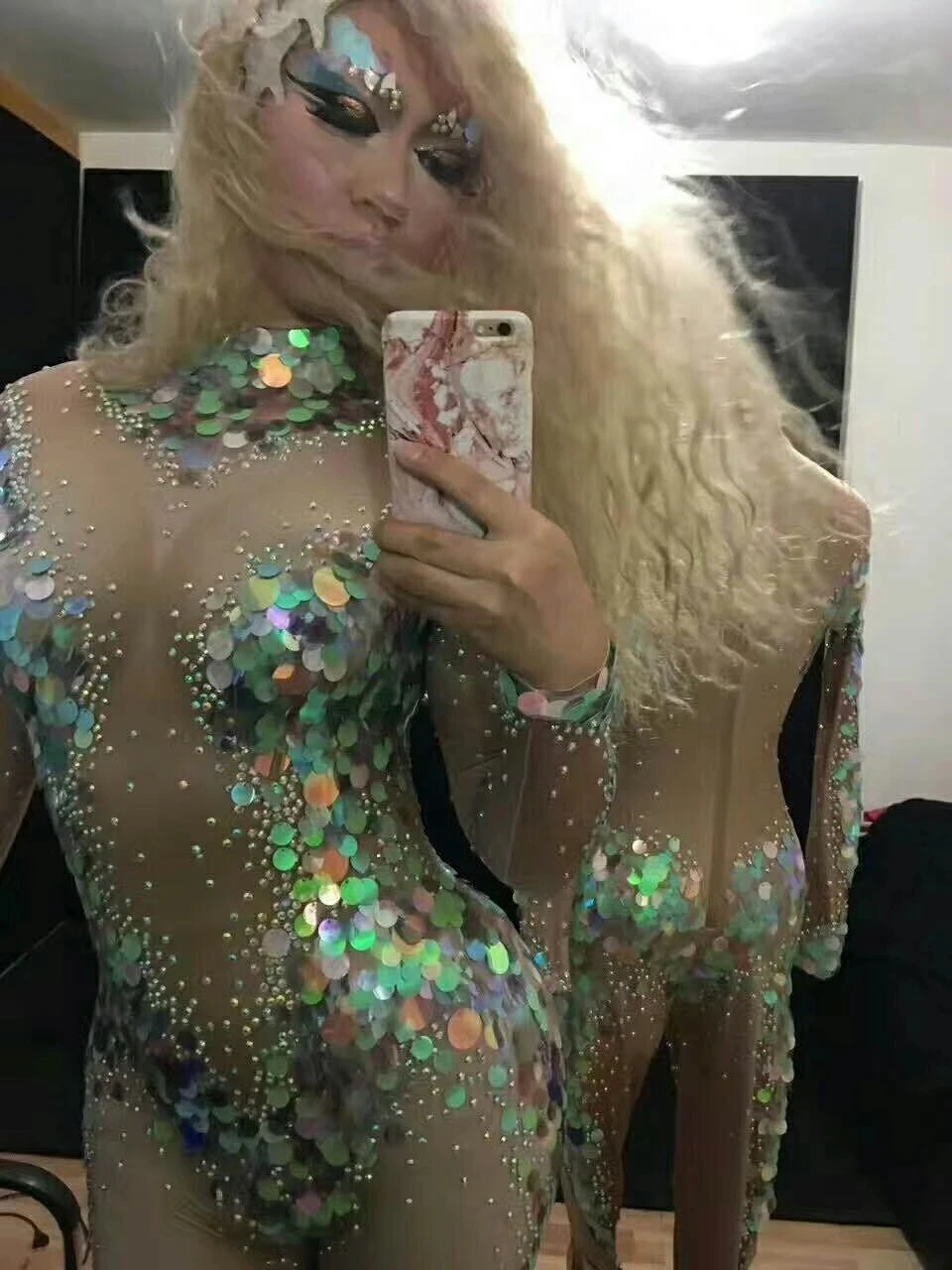 

Singer stage show Sequin Mermaid Jumpsuit club bar stage dance bodysuit Carnival Party rompers