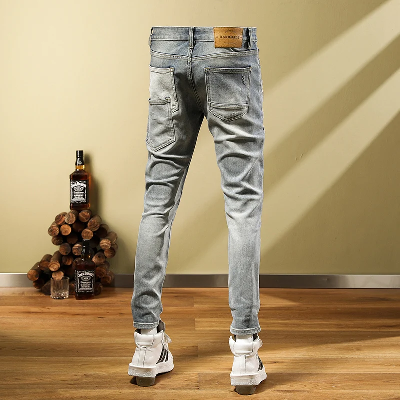 Street Fashion Men Jeans Retro Light Blue Elastic Stretch Skinny Ripped Jeans Men Spliced Designer Patched Hip Hop Pants Hombre