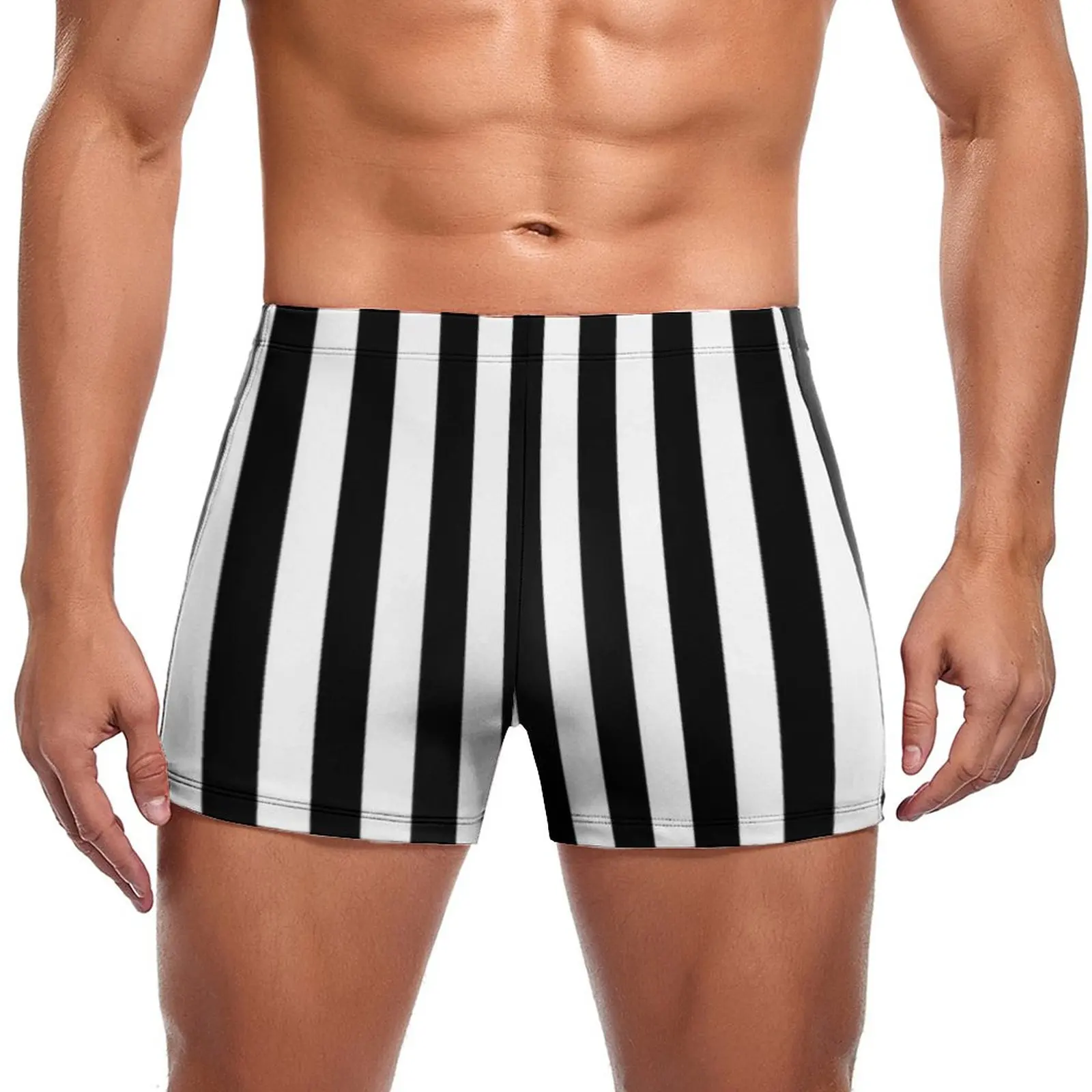

Vintage Striped Print Swimming Trunks Black White Vertical Stripes Trending Pool Swim Boxers Large Size Elastic Man Swimwear
