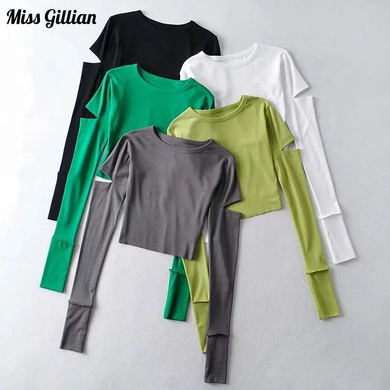 

Женская футболка с вырезами, однотонный Повседневный укороченный Топ с длинным рукавом и круглым вырезом, модная простая стильная Базовая футболка, женская одежда, лето 2023