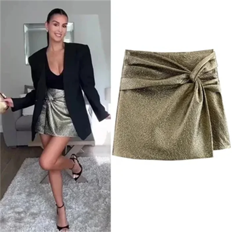 

TRAF New Asymmetric Metallic Foil Shorts 2024 Spring Woman's High Waist Side Zipper Chic Pleated Knot Slim Shorts For Woman