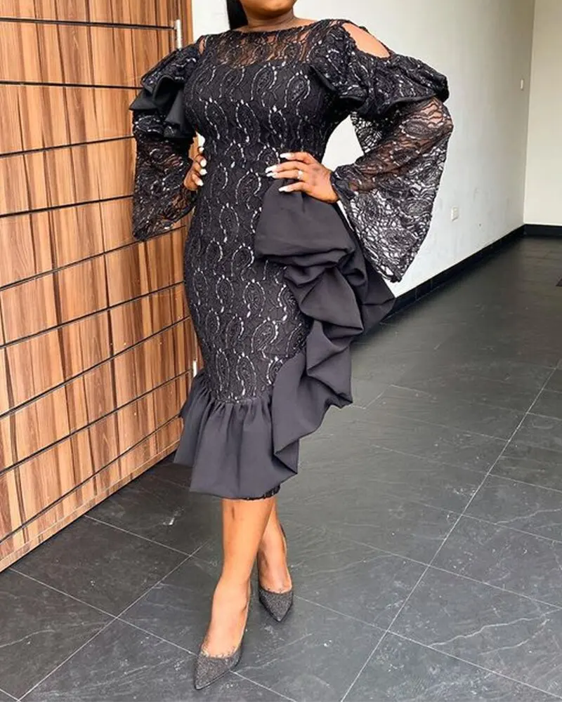 

Women's Black Lace Embroidery Evening Dress Hollow Out Long Sleeve Elegant Cascading Ruffles Midi Bodycon wedding Party Dresses