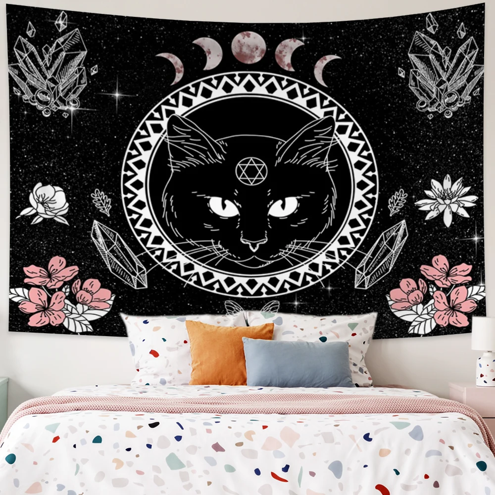 

Cat Mysterious Divination Moon Tapestry Wall Hanging Black Cool Cat Baphomet Occult Bohemian Flower Hippie Home Decor Tapestries