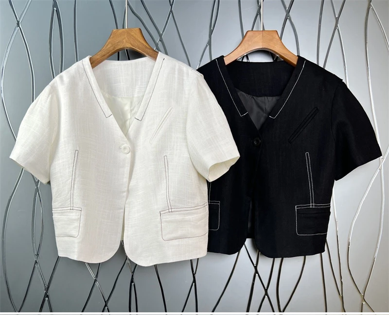 

New 2022 Autumn Fashion Tops Coat High Quality Ladies Color Block Stitching Single Button Short Sleeve Casual Black White Coat