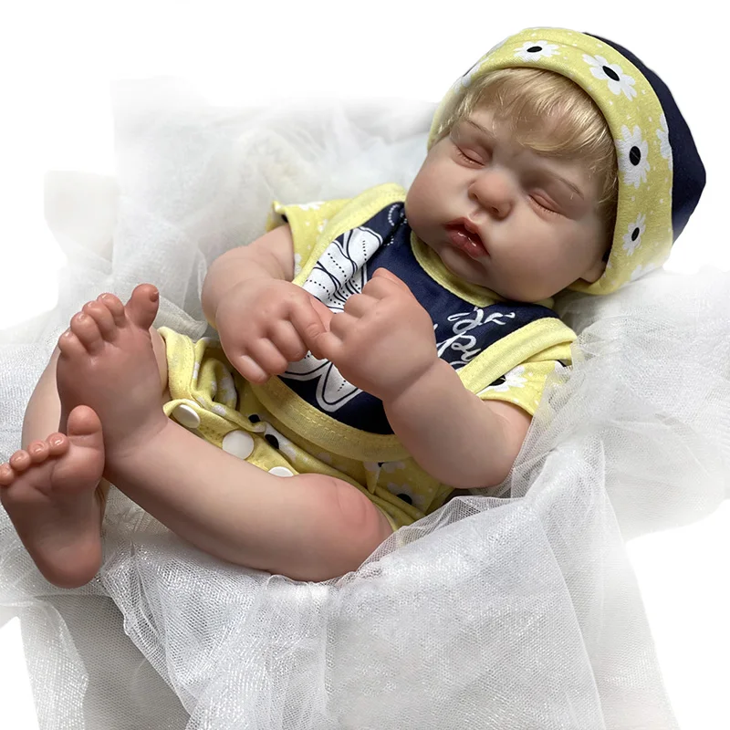

40CM Reborn Baby Boy Doll Asleep Cute Top Quality Handmade Doll with Hand-rooted Brown Hair High Quality Doll