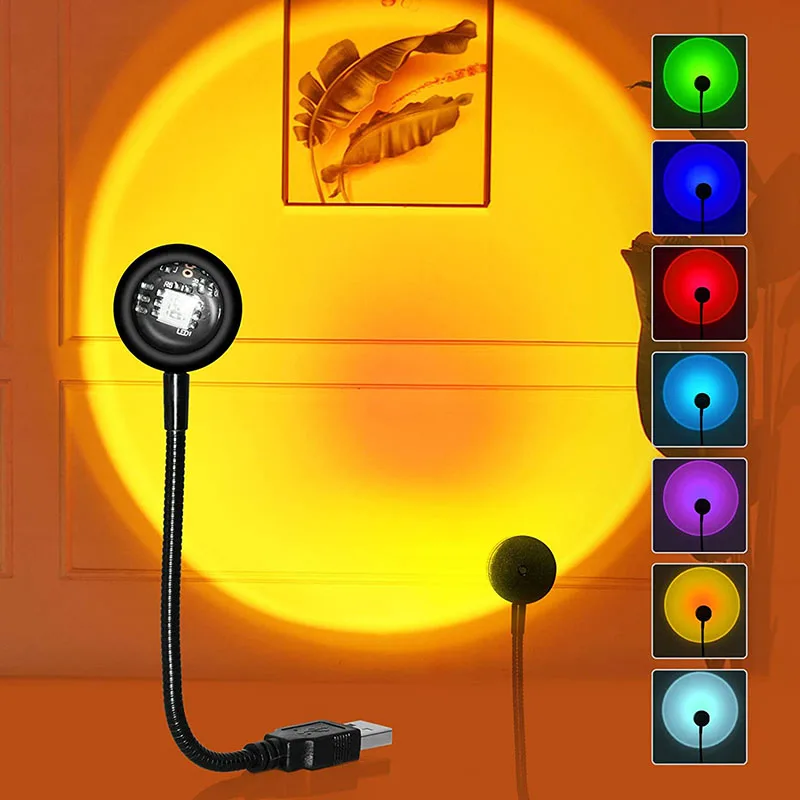 

7 Colors Sunset Projection Lamp USB Powered Rainbow Projector Night Light Bedroom Atmosphere Lights 13 Modes LED Sunset Lamp